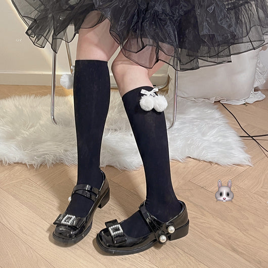 Calcetines de Encaje Estilo Lolita con Moño y Pompón de Pelaje para Otoño