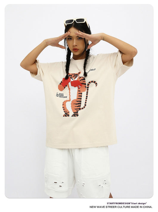 Camiseta Suelta Estampado Anime Tigre Manga Corta Unisex - Image 18