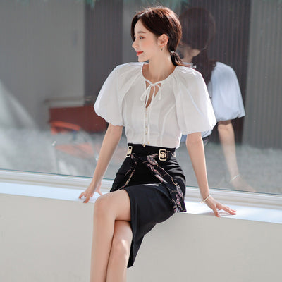 Conjunto Elegante Blusa Manga Abullonada y Falda Cintura Alta con Cordones - Image 5