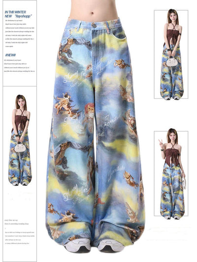 Pantalones Anchos con Estampado Artístico de Ángel y Gatito - Image 5