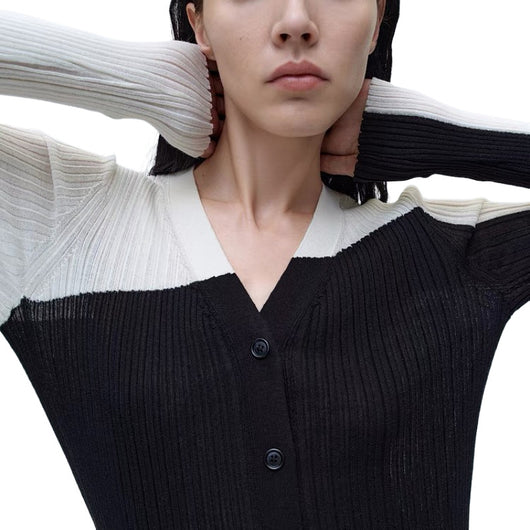Cardigan Tejido Bicolor Irregular Ajustado de Manga Larga para Otoño e Invierno - Image 5
