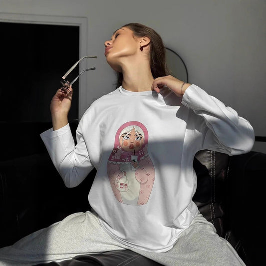 Blusa Suelta Estampada de Manga Larga para Mujer