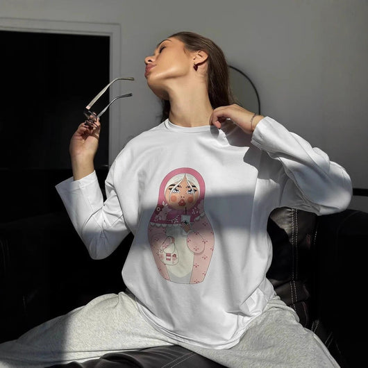 Blusa Suelta Estampada de Manga Larga para Mujer