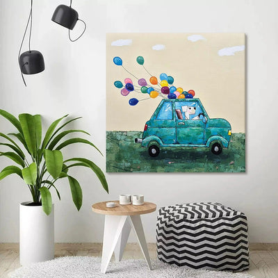 Cuadro Decorativo Lienzo Pintura al Óleo Infantil Coche Perro Globo - Image 4