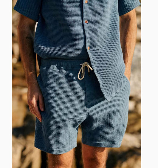 Conjunto de Dos Piezas Hombre: Camisa Suelta Waffle y Shorts Cuello Cubano Francés - Image 4