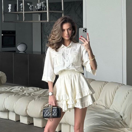 Conjunto Elegante: Blusa Manga Corta con Cuello Solapa y Falda Plisada - Image 3