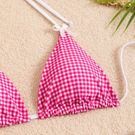 Blue and white gingham plaid bikini swimsuit with triangle top and thong bottom, featuring white tie straps and bows. - Image 31