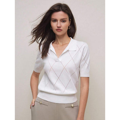 Suéter Cuello Alto Punto Diamante Manga Corta para Mujer - Image 11