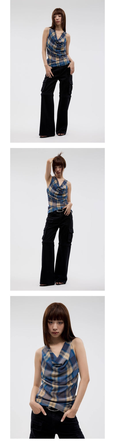 Blusa Tirantes Cuadros Vintage con Pliegues y Cuello Envolvente - Image 19