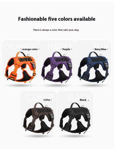 Purple pet harness with reflective straps, a top handle, and a metal D-ring for leash attachment. - Image 14
