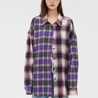 Camisa Cuadriculada Desgarrada con Paneles en Dos Tonos para Mujer - Image 4