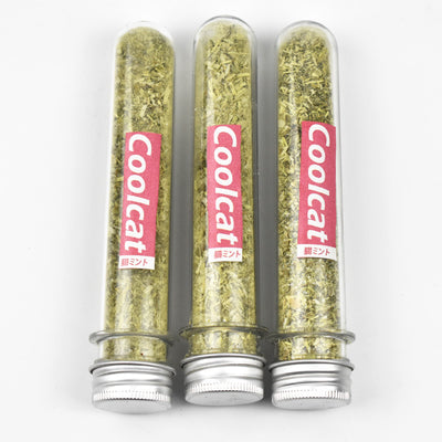 Three clear glass test tubes filled with green catnip, each with a pink 'Coolcat' label and silver screw caps. - Image 7
