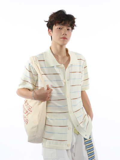 Cardigan Polo de Punto Rayas Manga Corta con Solapa - Image 6
