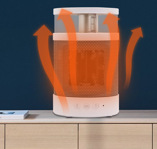 White and black 3-in-1 space heater with humidifier and night light, featuring a mesh grille and control buttons. - Image 5