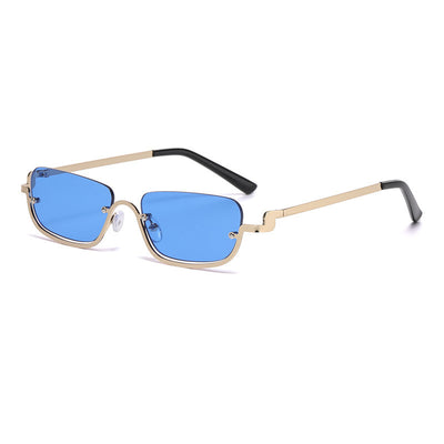 Gold frame semi-rimless sunglasses with brown rectangular lenses and black temple tips on a white background. - Image 6