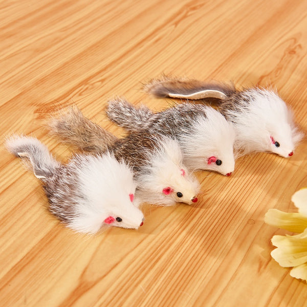 Four furry cat mouse toys with white and brown fur, red noses, and black eyes on a white background.