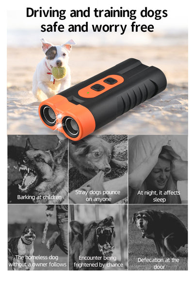 Black and orange handheld ultrasonic dog repellent with two sound emitters and two control buttons. - Image 11