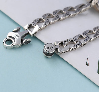 Pulsera de Plata Esterlina para Hombre con Calavera Giratoria y Patrón Retro - Image 11