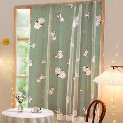 White semi-sheer curtain with a green grid pattern and illustrations of potted cacti and succulents, featuring "DON'T TOUCH ME" text.