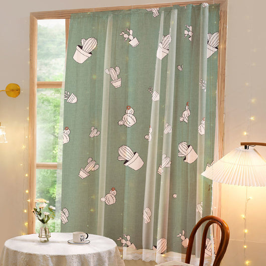 White semi-sheer curtain with a green grid pattern and illustrations of potted cacti and succulents, featuring "DON'T TOUCH ME" text.