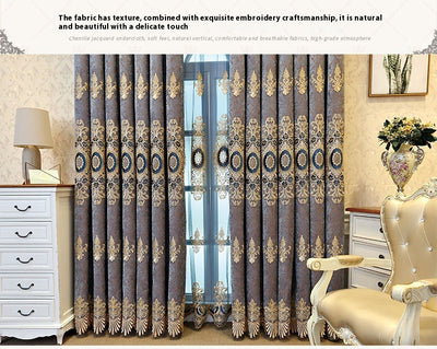 Blue sheer curtain with intricate gold and dark blue embroidery in a European classical style, draped over a window. - Image 22
