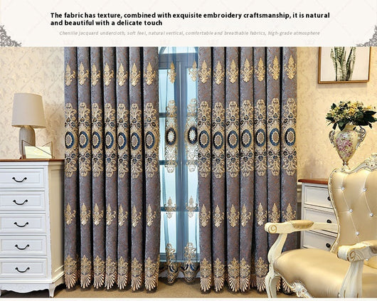 Blue sheer curtain with intricate gold and dark blue embroidery in a European classical style, draped over a window. - Image 22