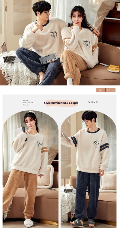 Couple wearing matching cream coral fleece pajamas with gray pants and bear embroidery, seated on a bed. - Image 34