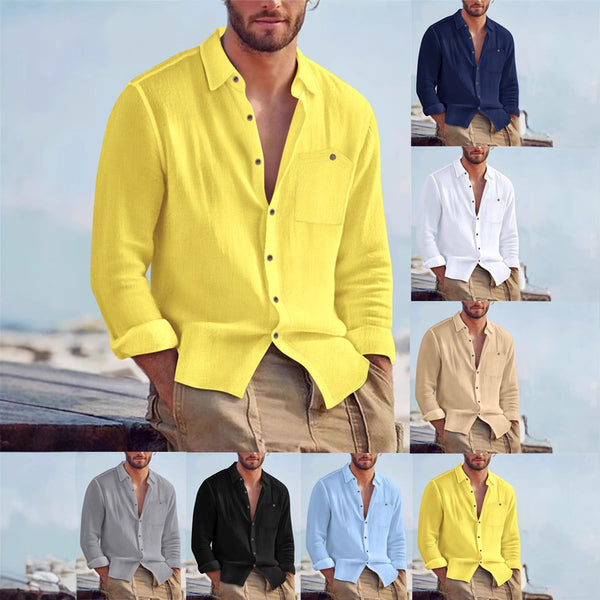 Camisa Cardigan Lino Hombre Fit Relajado Color Sólido