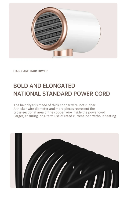 White professional hair dryer with rose gold accents, blue fan, and two control buttons, shown with a US 110V plug and a 360-degree rotating air collector nozzl - Image 42