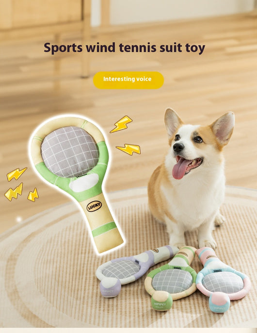 Plush dog toy set featuring a green and beige tennis racket (29cm) and a matching 6cm tennis ball. - Image 13