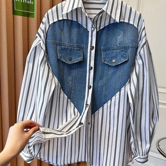 Camisa Denim Holgada con Patchwork a Rayas - Estilo Casual y Desenfadado - Image 2