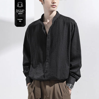 Camisa Casual Negra Texturizada Anti-Arrugas para Hombre