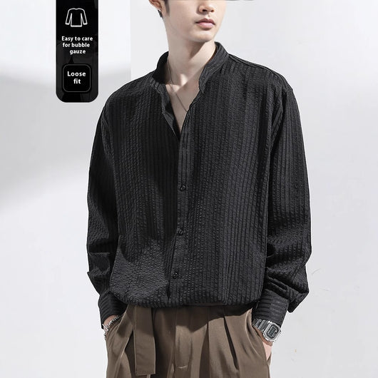 Camisa Casual Negra Texturizada Anti-Arrugas para Hombre