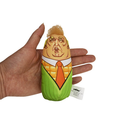 Plush corn-shaped cat teaser toy with a caricature face, orange tie, and green husk design, held in a hand. - Image 4