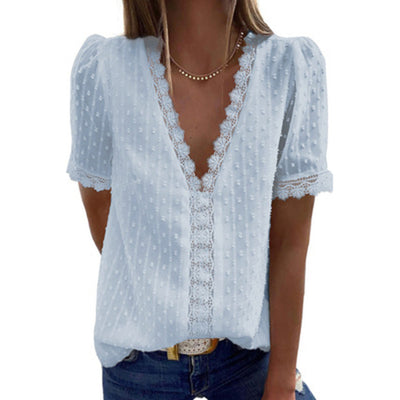 Blusa Escote V Manga Corta Jacquard Liso para Mujer - Colección Verano - Image 13