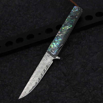 Cuchillo Portátil Damasco con Pluma y Mango de Concha - Outdoor - Image 9