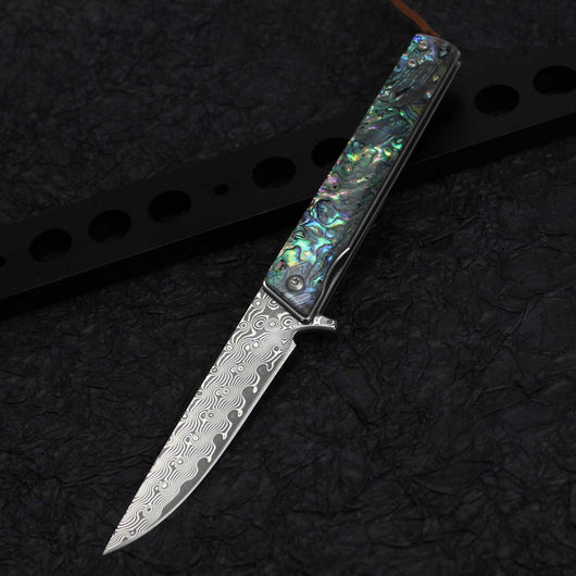 Cuchillo Portátil Damasco con Pluma y Mango de Concha - Outdoor - Image 9