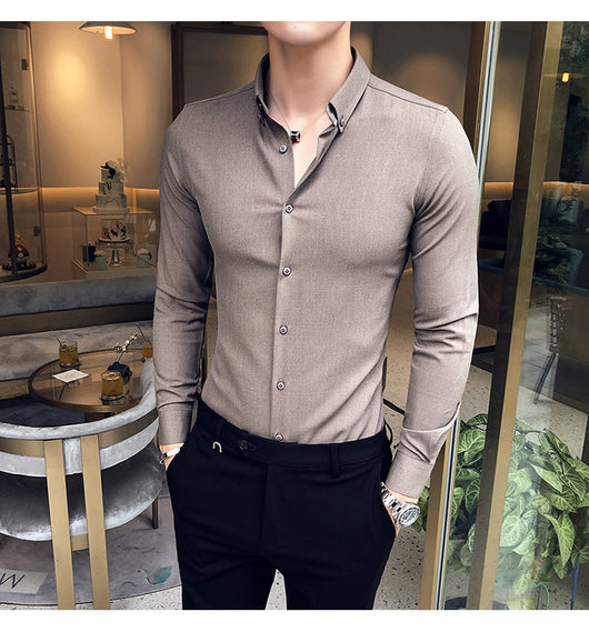 Camisa Manga Larga Estilo Gentleman Británico de Color Sólido - Image 25