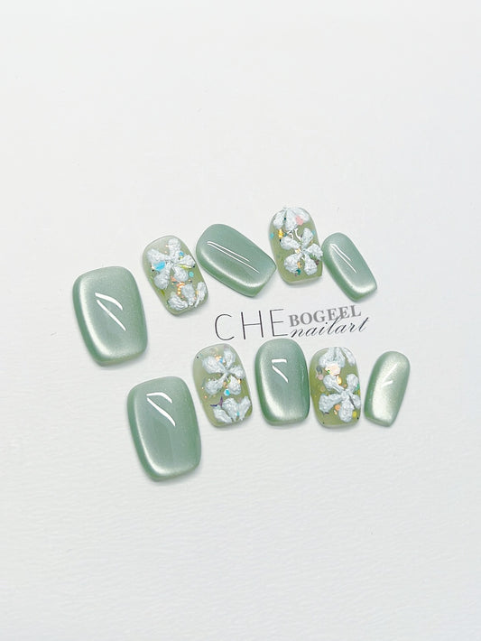 Uñas Postizas con Diseño Floral 3D - Efecto Ojo de Gato Verde - Image 2