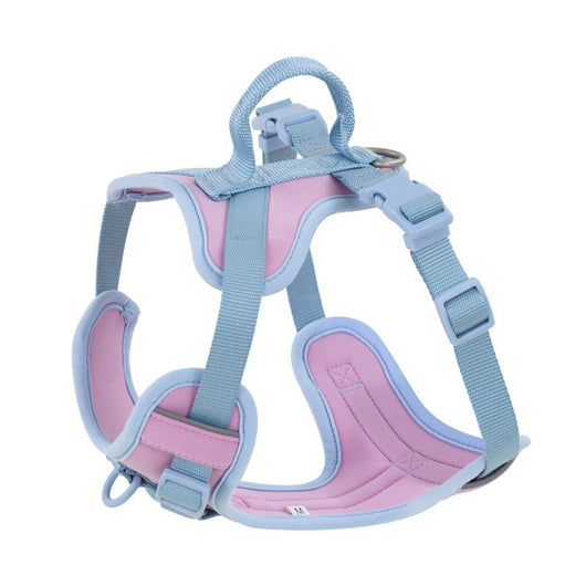 Pink and blue dog harness with padded chest and back, adjustable straps, and a top handle for walking. - Image 9