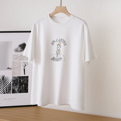 Camiseta de Algodón Estampada Suelta Cuello Redondo Manga Corta para Mujer - Image 3
