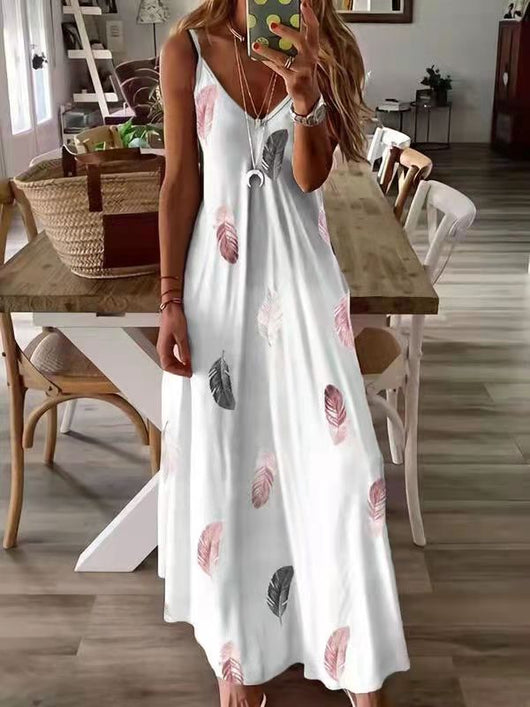 Vestido Suelto Escotado sin Mangas con Estampado de Plumas - Image 3