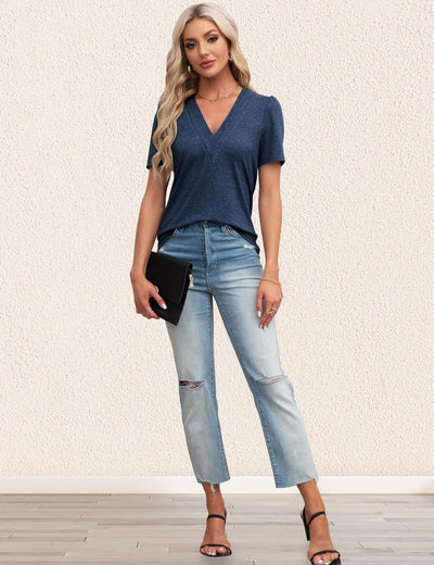 Blusa Casual de Manga Abullonada y Cuello en V para Mujer - Image 36