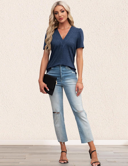 Blusa Casual de Manga Abullonada y Cuello en V para Mujer - Image 36
