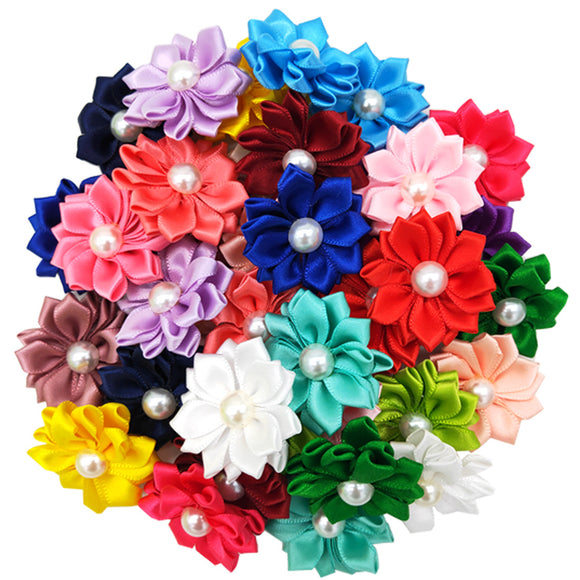 Moño Floral para Mascotas con Perlas y Elástico Decorativo
