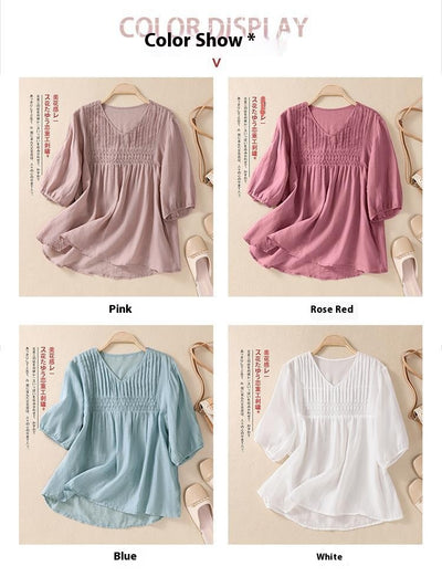 Blusa Suelta de Algodón y Lino con Cuello V - Image 18