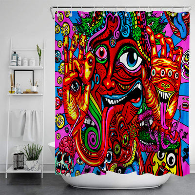 Vibrant psychedelic shower curtain with an abstract digital print featuring an elephant head and cannabis leaves in bright colors. - Image 13