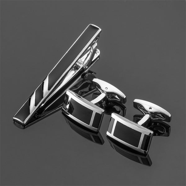Set de Gemelos y Pasador de Corbata con Rayas Diagonales en Esmalte Negro y Plata