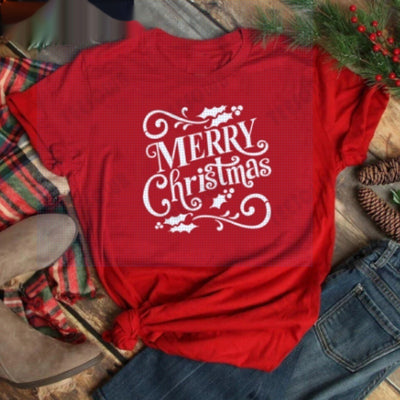 Red women's t-shirt with "Merry Christmas" text and three Christmas trees, featuring buffalo plaid and leopard print. - Image 16