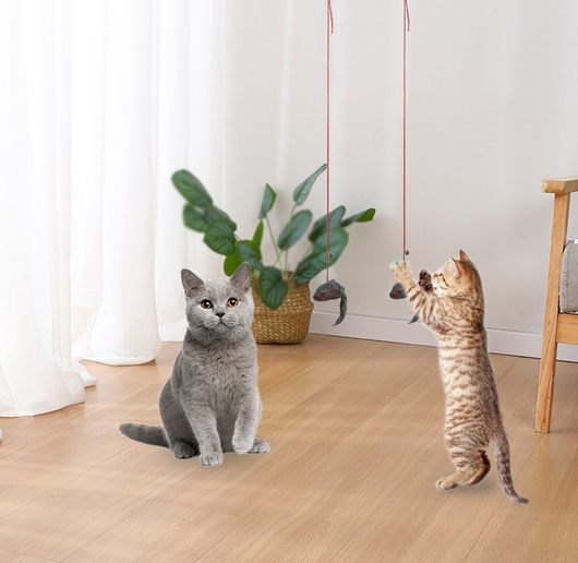 Two plush mouse cat toys, one gray and one white, with pink elastic ropes, bells, and suction cups. - Image 14